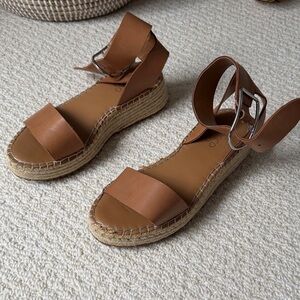 Franco Sarto Tan Leather Ankle-Strap Espadrille Sandals